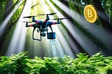 A bio protocol airdrop: a drone releasing a canister over a lush forest, with rays of sunlight breaking through the canopy