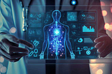 Doctor interacting with futuristic digital interface representing AI in healthcare, displaying human anatomy, medical data, and analytics