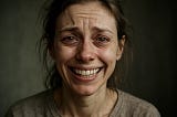 A woman with tear-filled eyes forces a wide smile, her face showing a painful mix of distress and performance. The image captures the emotional conflict of masking pain with forced positivity, often seen in trauma survivors trying to appear “okay.”