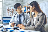 A compassionate Asian doctor in a white coat engages in a serious discussion with a patient about diabetes management in a well-lit clinic. The background features health charts and glucose monitors, emphasizing the medical setting and the importance of personalized care.