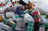 A pile of assorted trash, mainly fast food cups and packaging.