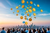 A variety of digital tokens floating down from the sky, ready to be claimed by recipients below