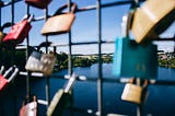 Locks on a metal fence overlooking a lake