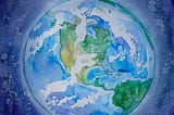 A bright watercolor painting of the Earth, illustrating North and South America in blues, greens, and yellows.