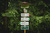 trail sign post with many signs pointing in all directions; green trees in the background