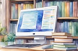 A computer screen displaying 14 course titles on Text Mining and Analytics. A bookshelf with NLP textbooks in the background