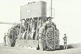 An early-20th-century sketch of worker and businessman looking at a large, complex machine, illustrating the economic and social impacts of technology