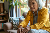 AI image created on MidJourney V6 by henrique centieiro and bee lee, 70 years old asian woman rubbing her painful knee, wearing yellow cardigan