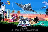 Mickey Markoff Air Sea Exec 2024 — art deco graphic of miami beach landscape with aircraft in sky and water craft with Hyundai air and sea show logo posted on mickey markoff 2024 article about air show and net worth of legacy