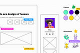 Wireframes, illustrations, and colours from the UI kit with various Figma cursors working together
