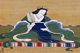 [image description: painting of a Japanese woman sitting on the floor in a green and blue kimono.]