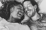 Image of a woman and man laying in bed and laughing. Created by author on Midjourney.