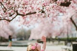 Little girl reaching up with her left hand as if to pluck a pink petal from a tree