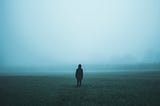 A person standing in a foggy field.