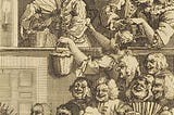 An etching of a crowd of people laughing at a performance. The walls and fabrics are all carefully cross hatched.