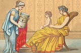 Old image of a servant offering milk foods to her mistress and child.