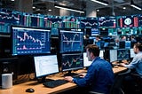 A bustling trading floor with multiple computer screens displaying live cryptocurrency data, traders making quick decisions, and a sense of urgency in the air