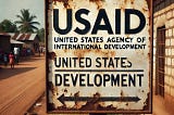 An AI generated image of a rusted USAID sign by a dirt road. Not very good.