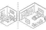 Two hand sketches representing two trade-off scenarios. On the left, there is a small room with comfortable bed setting and on the right is a big room with basic bed setting.