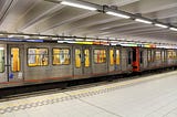 A photo taken at the Brussels subway line shows one of the STIB trains stopped at an empty station. This train is similar to the vehicle that was attacked during the Brussels bombings on 22 March 2016.