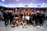 Aston Villa’s men’s first team squad and staff celebrate Europa Conference League qualification after the 2–1 win over Brighton on May 28th, 2023