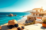 A sunny Spanish coastline with a Mediterranean villa, a lounge chair with a sun hat and sunglasses, and a "For Sale" sign, evoking relaxation and opportunity.