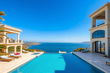 A luxurious villa in Mallorca surrounded by lush landscapes and clear skies, with subtle digital icons representing technology and real estate investment integrated into the scene.