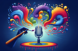 A paintbrush painting a microphone with colorful soundwaves coming out of it.