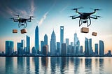 A futuristic city skyline with drones dropping supplies