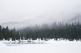 A lake in the woods is covered in ice and snow