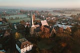 Small town with a church in the center