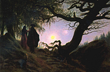A gloomy landscape by Caspar David Friedrich, painted around 1824 showing two figures from the back, a man and woman, as they watch the moon in the evening