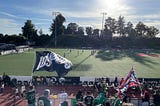 Oakland Roots fans wave their flags and cheer on their team as the game plays out.