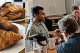 Two pictures, the left is stacks of pastries on white plates, the right is three people standing around a table smiling and chatting with coffee and pastries