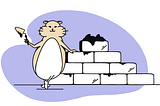 A smiling hamster with a trowel in one paw is leaning against a brick wall under construction