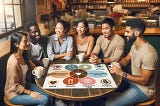 A diverse group of individuals in a relaxed, cafe setting, discussing a chart depicting the five love languages, wide image.