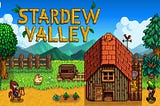 A logo image for the farming game Stardew Valley. It depicts two farmers and a small barn. There is a chicken.