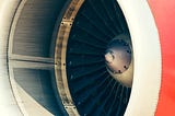 A jet engine on a commercial airplane
