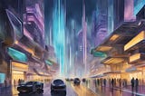 A group of futuristic buildings with sleek, metallic exteriors and glowing neon signs, surrounded by advanced technology and bustling with activity