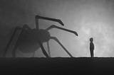 Silhouette of a giant spider and a boy on a dark night