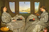 “The Travelling Companions” by Augustus Leopold Egg, an 1862 painting depicting two women travelling by train, wearing grey silk travelling clothes from the time.