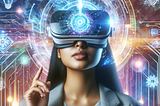 A South Asian woman wearing a futuristic virtual reality headset, surrounded by holographic symbols and digital elements.