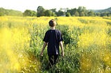 Young boy walking through a field of yellow flowers