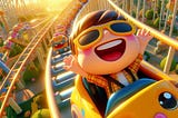 boy in sunglasses raises his arms in the air and smiles widely as he zooms by in a roller coaster, the sun shining behind him