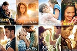 Capas dos filmes baseados nos livros do Nicholas Sparks onde há sempre um homem e uma mulher, geralmente se beijando ou se olhando