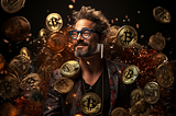 Bitcoin to $1 million, is it possible? A man with beard and glasses with explosive Bitcoin. Image generated on Midjourney by henrique centieiro and bee lee