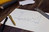 A line graph on a drafting table beside a ruler, pencil, and pen