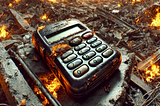 A burnt pager lies on the ground amid flames and debris.