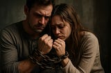 A man and woman sit close together, both looking distressed, with heavy metal chains binding their wrists together. Their heads are bowed and their expressions are pained, symbolizing emotional bondage, trauma bonds, and the struggle to break free from toxic relationships.