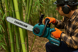 Chainsawing with safety gear in a backyard